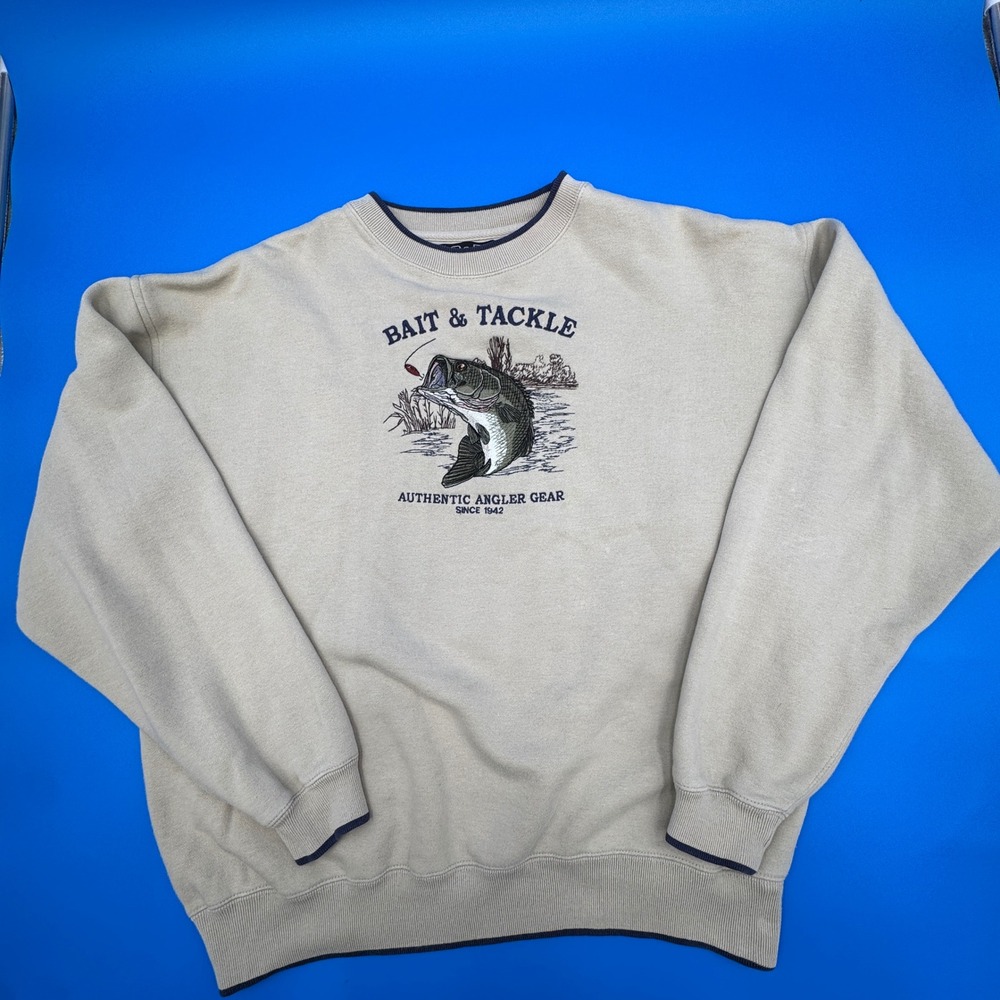 Vintage C&B Sport Bait & Tackle Fishing Sweatshirt Mens Large Tan 90s Y2K Bass